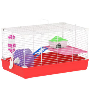 PawHut Hamster Cage, Small Gerbil Cage 2 Tiers Portable W/ Handle, Exercise Wheel, Water Bottle, Dishes