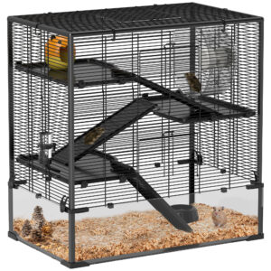 PawHut Four-Tier Hamster Cage With Deep Tempered Glass Bottom, Hut, Running Wheel, Food Dish, Water Bottle, 78.5 X 48.5 X 80cm