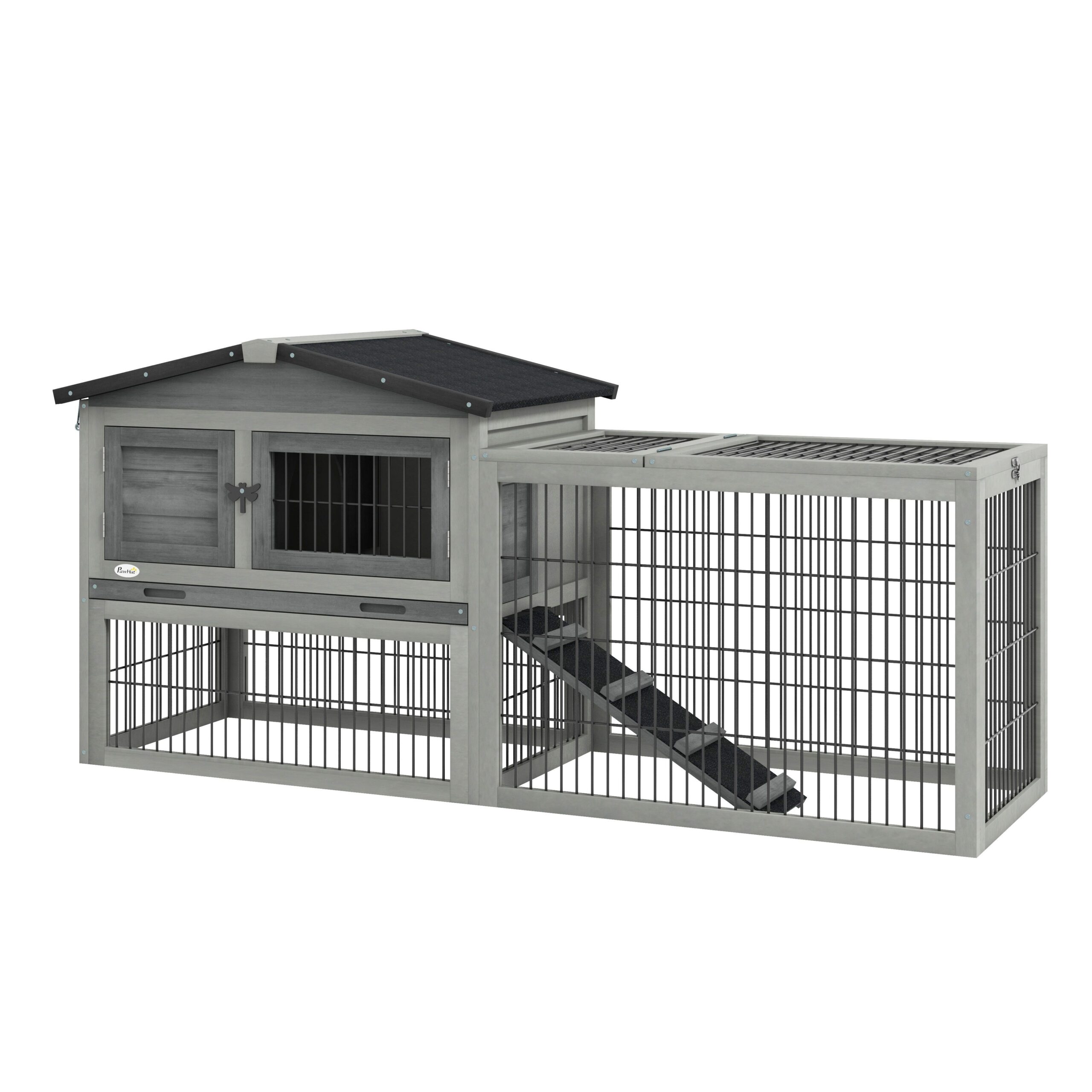 PawHut Wooden Rabbit Hutch With Outdoor Run Grey
