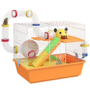 PawHut 3 Tiers Gerbil Cage, Hamster Cage With Tubes, Exercise Wheel, Ladder, Top Handle, 45 X 28 X 37cm - Orange