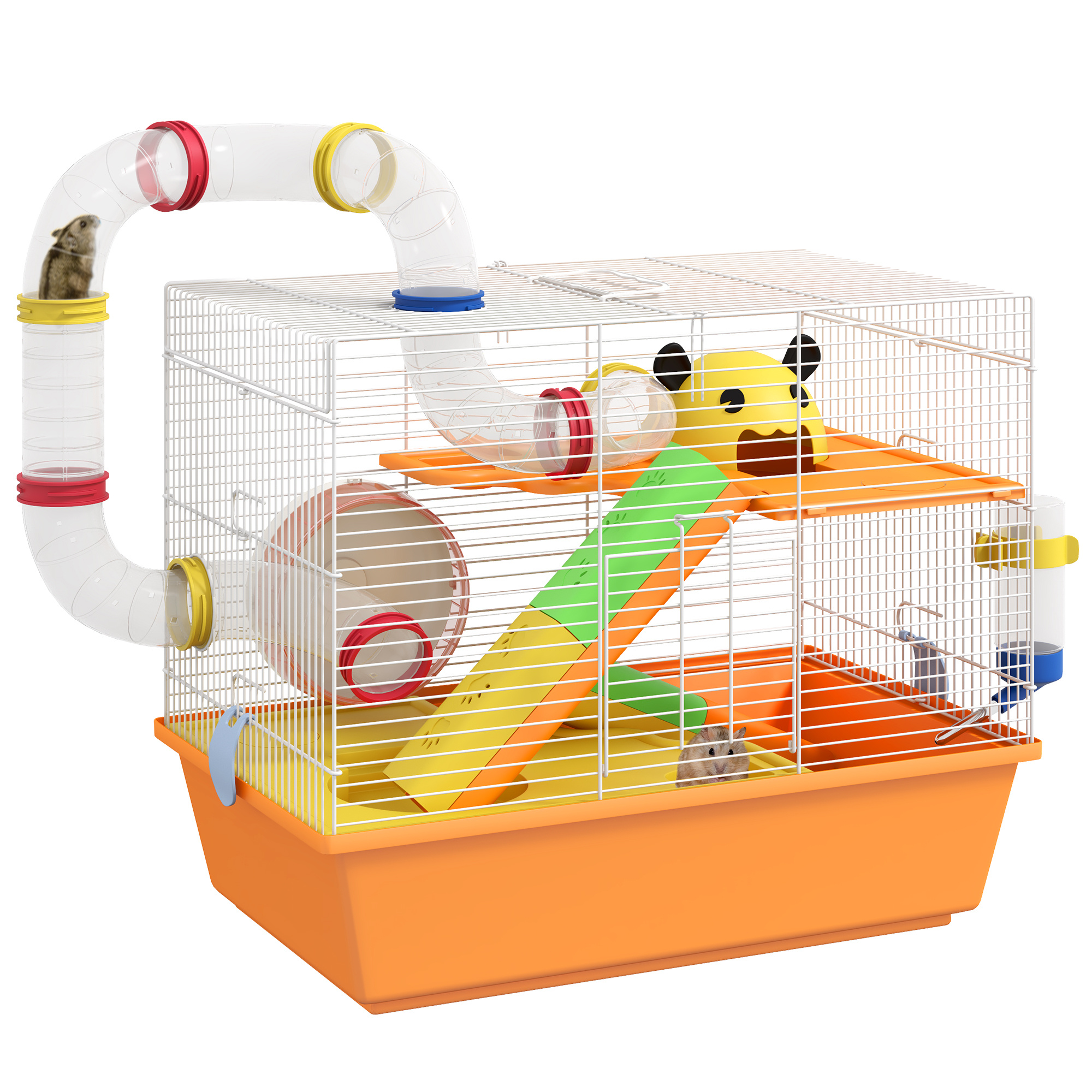 PawHut 3 Tiers Gerbil Cage, Hamster Cage With Tubes, Exercise Wheel, Ladder, Top Handle, 45 X 28 X 37cm - Orange