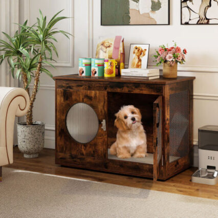Furniture Style Dog Crate for Small and Medium Dogs with Translucent Window and Lockable Door-Rusti