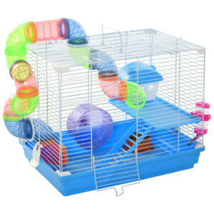 Pawhut 2 Tier Hamster Cage, Gerbil Cage With Handle, Exercise Wheels, Tunnel, Tube, Water Bottle, Dishes, Ladder, For Dwarf, Blue