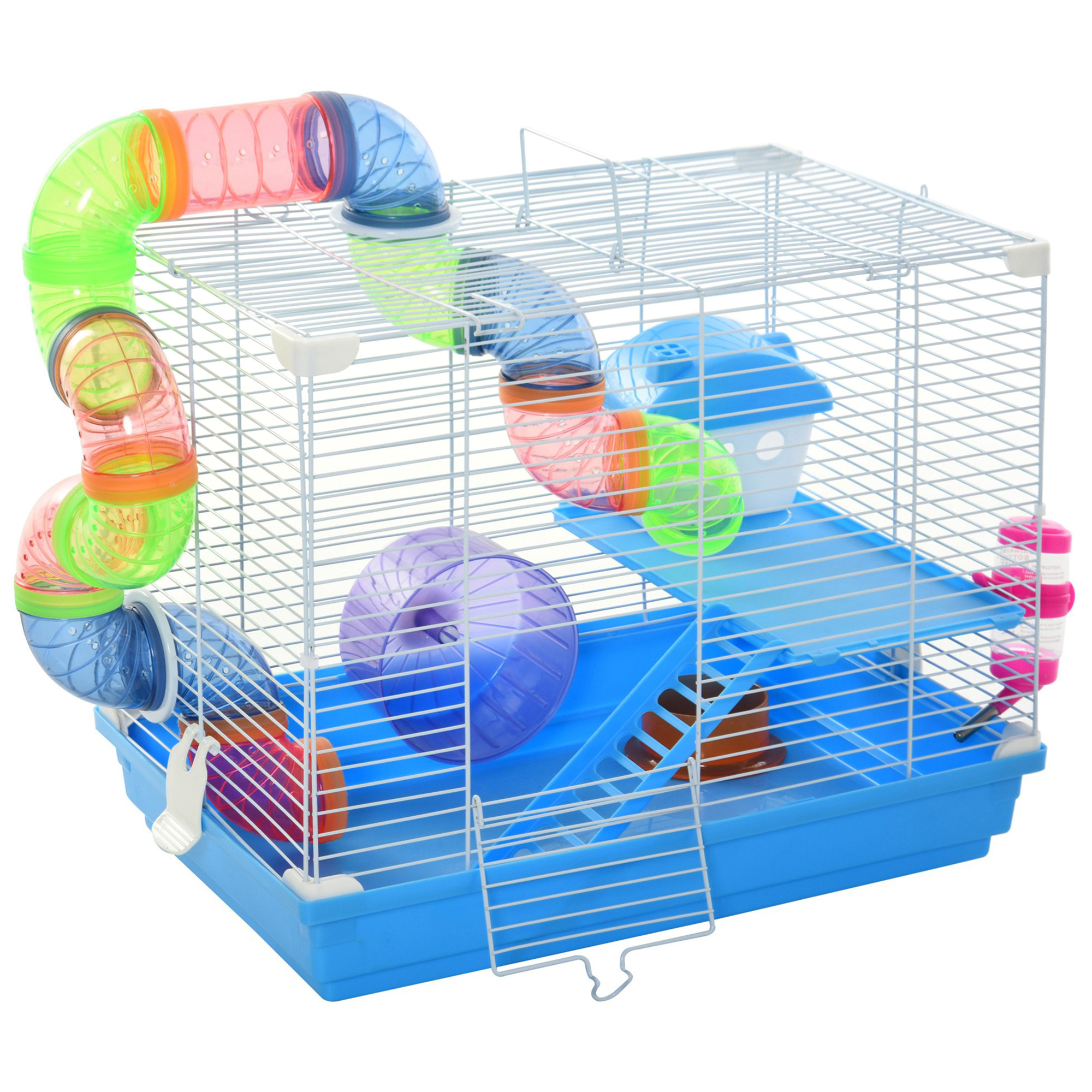 Pawhut 2 Tier Hamster Cage, Gerbil Cage With Handle, Exercise Wheels, Tunnel, Tube, Water Bottle, Dishes, Ladder, For Dwarf, Blue
