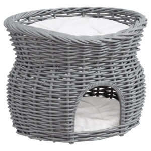 PawHut 2-Tier Wicker Cat House Elevated Pet Bed Basket Willow Kitten Tower Pet Den. With Washable Cushions 56x37x40cm Grey