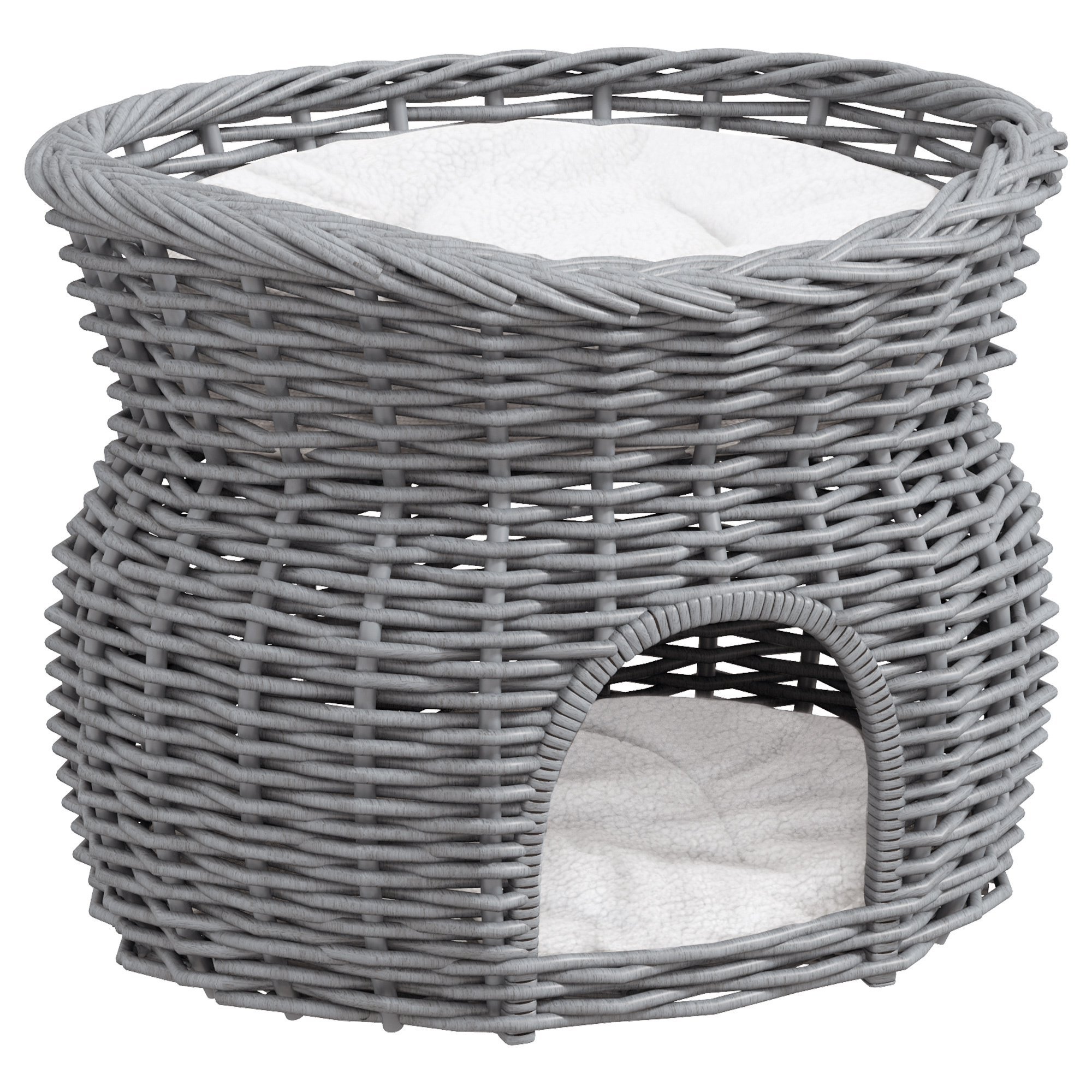 PawHut 2-Tier Wicker Cat House Elevated Pet Bed Basket Willow Kitten Tower Pet Den. With Washable Cushions 56x37x40cm Grey