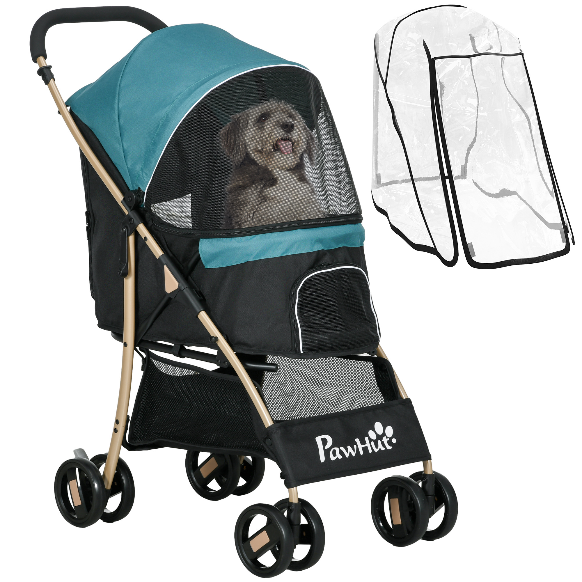PawHut Pet Stroller For Small And Miniature Dogs, With Rain Cover - Dark Green