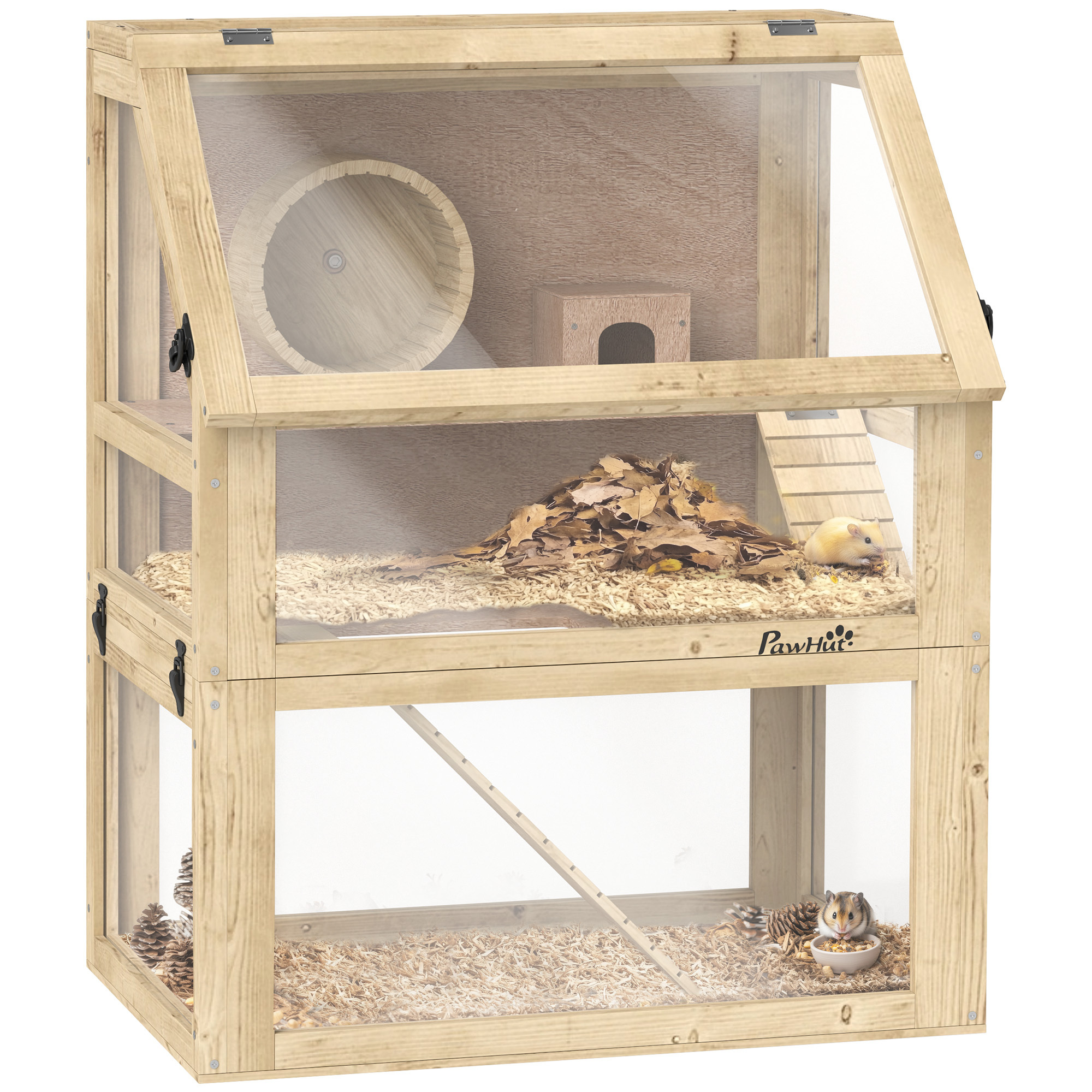 PawHut Wooden Hamster Cage With Detachable 32cm Deep Bottom, Hut, Seesaw, Exercise Wheel, Ramp, 60 X 40 X 75cm, Natural