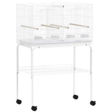PawHut Bird Cage With Divider, 4 Wooden Perches, Slide Out Tray, 4 Feeders, For Budgie, Lovebird, Canary, 76 X 46 X 116cm White