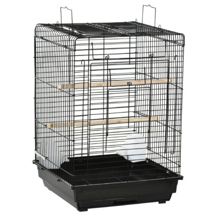 PawHut Steel Bird Cage With Openable Top, Stand, Tray, Handles, Feeding Bowls For Parakeet, Finch - Black