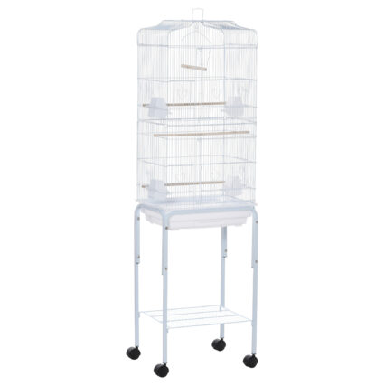 PawHut Bird Cage Budgie Cages For Finch Canary Parakeet With Stand Wheels Slide-out Tray Accessories Storage Shelf, White 46.5 X 36 X 157 Cm