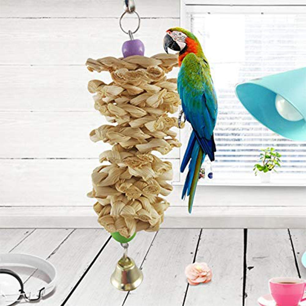 Natural Grass Bird Parrot Toy With Bell - Interactive Hanging Cage Toy For Bored Parrots - Image 4