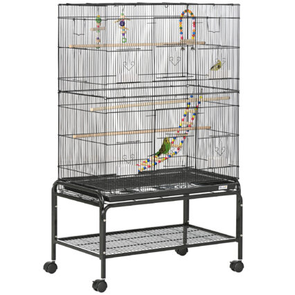 PawHut Large Bird Cage Budgie Cage With Stand, Toys, Wheels, Accessories, Storage Shelf For Canaries, Finches, Lovebirds, Parakeets - Black, 79 X 49 X 133 Cm