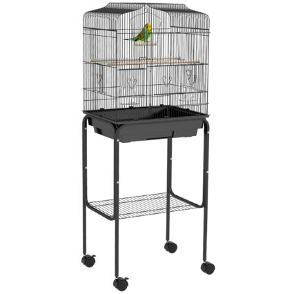 PawHut Bird Cage Budgie Cages For Finch Canary Parakeet With Stand Wheels Slide-out Tray Accessories Storage Shelf, Black