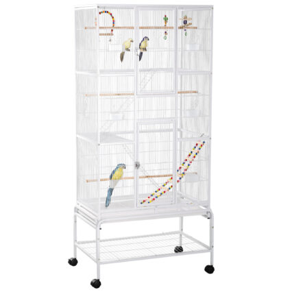 PawHut Large Bird Cage Budgie Cage 3 Tier Aviary With Stand Wheels, Toys, Ladders, Shelf For Canaries, Finches, Cockatiels, Parakeets - White
