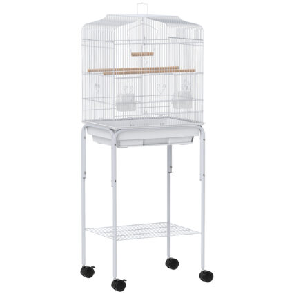 PawHut Bird Cage Budgie Cages For Finch Canary Parakeet With Stand Wheels Slide-out Tray Accessories Storage Shelf, White