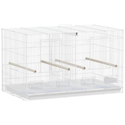 PawHut Bird Cage With Divider, 4 Wooden Perches, Slide Out Tray, 4 Feeders, For Budgie, Lovebird, Canary, 76 X 46 X 46cm, White