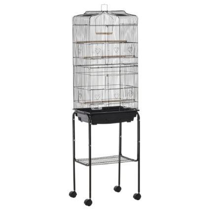 PawHut Bird Cage Budgie Cages For Finch Canary Parakeet With Stand Wheels Slide-out Tray Accessories Storage Shelf, Black 46.5 X 36 X 157 Cm