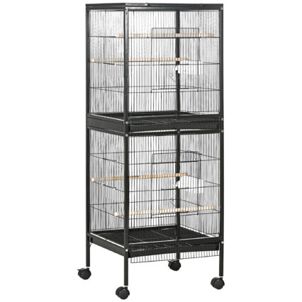 PawHut Bird Cage Budgie Cage 2 In 1 Large Aviary With Wheels Removable Trays For Finch Canaries Cockatiels Black