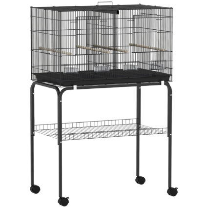 PawHut Bird Cage With Divider, 4 Wooden Perches, Slide Out Tray, 4 Feeders, For Budgie, Lovebird, Canary, 76 X 46 X 116cm Black