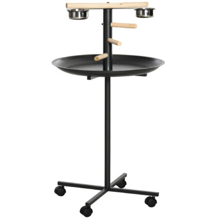 PawHut Parrot Perch Stand, Large Bird Play Stand, Metal Bird Table Feeder Station With Stainless Steel Bowls, Four Wheels, Round Tray, Black