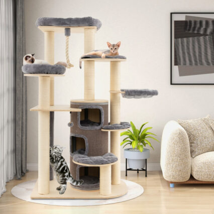 NNECW Multi-Level Cat Tree with 3-story Cat Condo & 2 Perches & Spring Ball-Grey